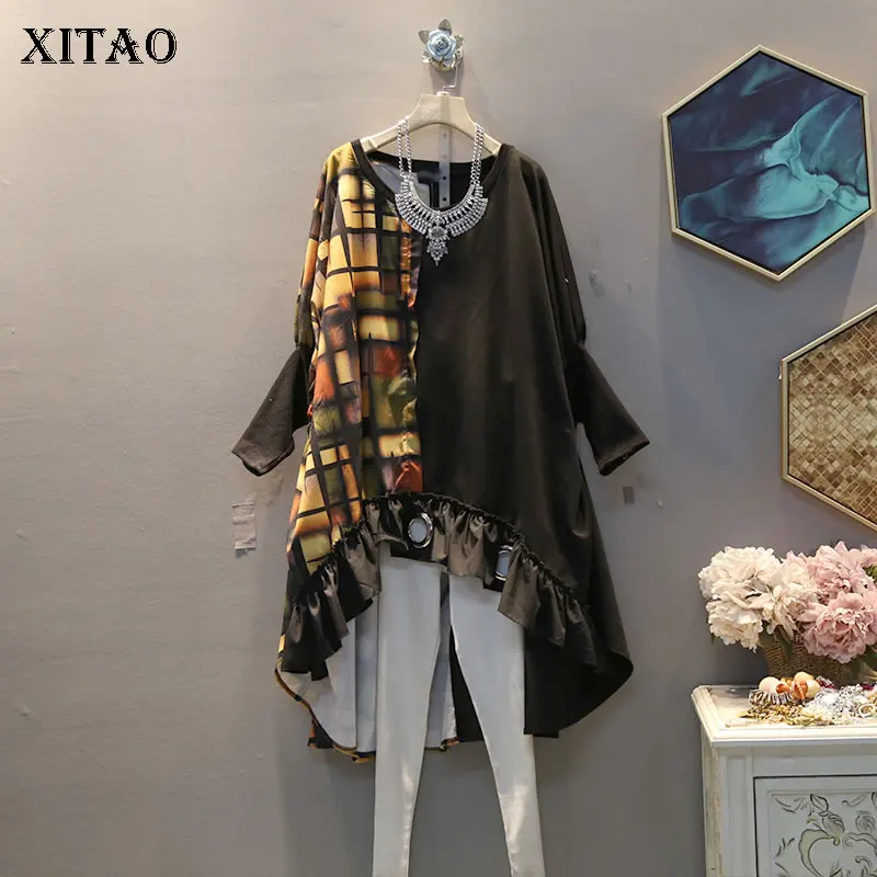 

XITAO Spring 2020 New Casual Trend Women Dress Floral Print Irregular Plus Size Long Sleeve Dresses Splice Ruffle Trend ZLL4645
