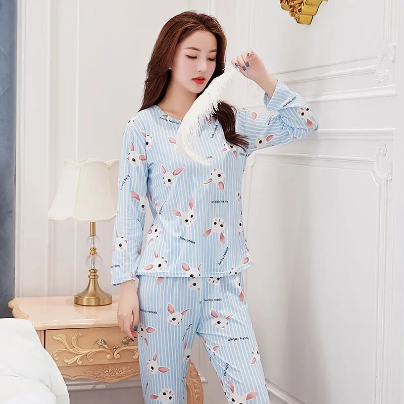 

150G Qmilch Pajamas Women Long Sleeve Cartoon Cute Vertical Stripe Rabbit Head Less Women's Home Wear Spring And Autumn Set