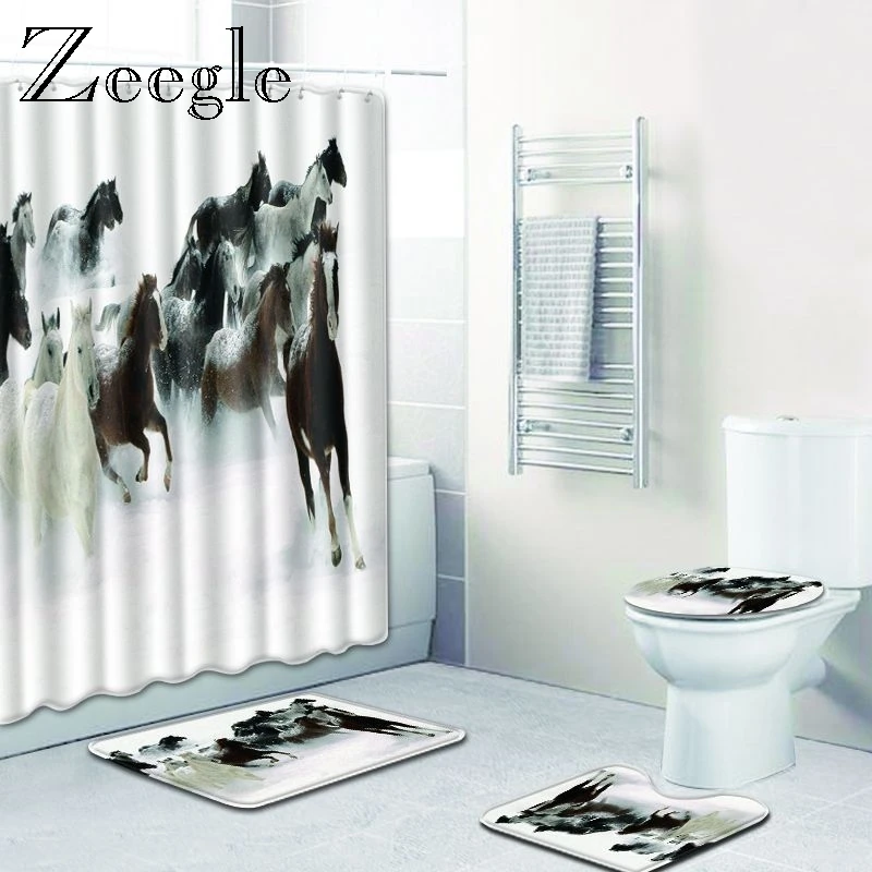 Zeegle Printed Horse Bath Mat Set with Shower Curtain Toilet U Type Mat Lid Toilet Cover Pedestal Soft Rug Bathroom Accessories