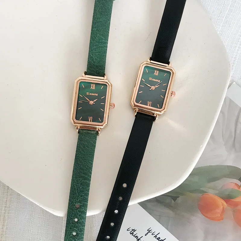 

Rechthoek Vrouwen Fashion Horloges Elegante Ladeis Quartz Horloges Ulzzang Luxe Merk Zwart Groen Vrouwelijke Horloge Leer Klok