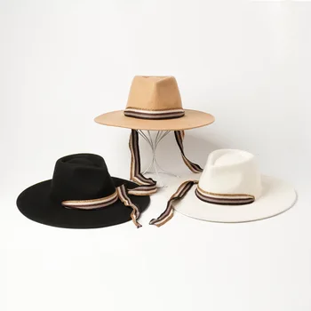 

Wholesale women wide brim woolen Fedoras hats with long colorful Ribbon autumn winter fashion felt hat 9 colors
