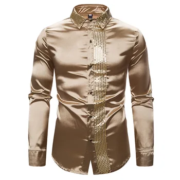 

Mens Silk Satin Button Down Dress Shirts 2019 Shiny Gold Patchwork Sequins Casual Shirt Men DJ Club Party Shirt Male Camisas XXL