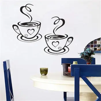 

Black Coffee Cups Wall Art Stickers PVC Coffee Sticker Decal Decoration For Kitchen Cafe Restaurant DIY