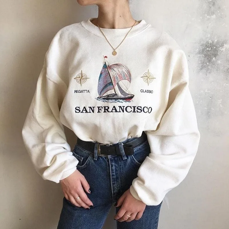 

White Pattern Letter Printing Sweatshirt Women Autumn Newest Sweet Vintage Fashion High Street Plus Size French England Style