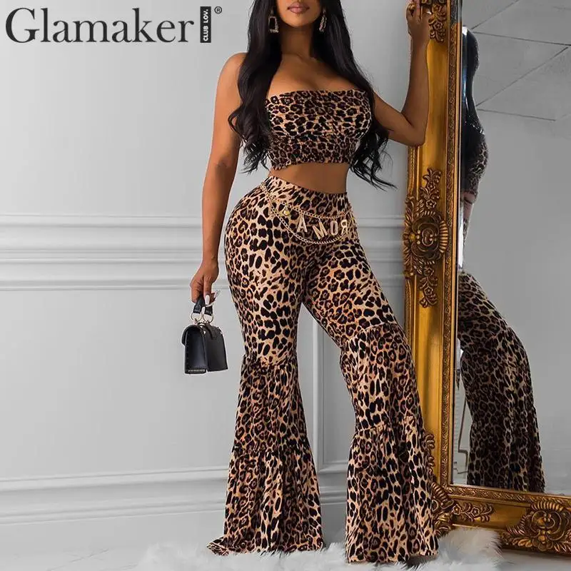 

Glamaker Sexy leopard print long knitted jumpsuit Women two piece suit jumpsuit romper Female winter bodycon playsuit overalls