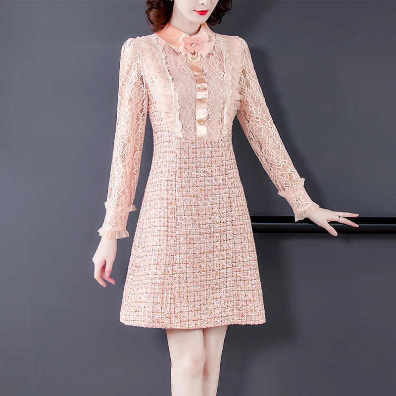 

Fashion Ladies Runway Slim Waist Knee Length A-Line Dress Vintage Ruffle Lace Patchwork Tweed Dress Winter Women Clothing