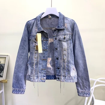 

2020 Spring Jean Coat Women New Fashion Bead Broken Holes Diamond Ribbon Beautiful Woman Washing Denim Jacket Short Coat Girl