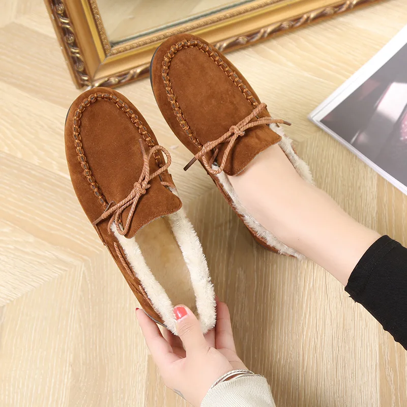 

Faux Fur Woman Flats Winter Women Loafers Bowtie Slip on Flat Shoes Short Plush Loafer Zapatos Mujer 523