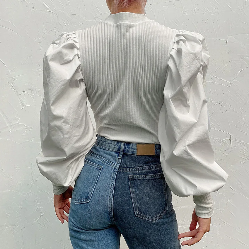 TIESOME Lantern Sleeve Top Women Solid Blouse 2020 Summer Autumn Sexy Slim Crop Top Female High Street Blouse Office Lady Top