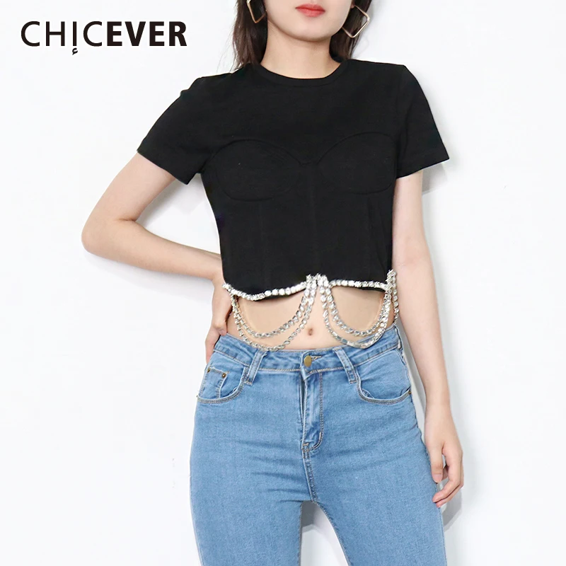 CHICEVER тонкий черный лоскутный алмаз Топы для женщин круглый воротник короткий
