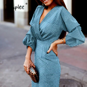

Simplee Elegant polka dot women dress V-neck lantern sleeve female party dresses Vintage high waist ladies midi dresses vestidos