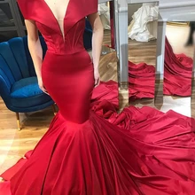 Длинное сексуальное красное вечернее платье, с глубоким v-образным вырезом, с рукавом-крылышком, с русалочкой, простое, в африканском стиле, атласное, вечернее платье