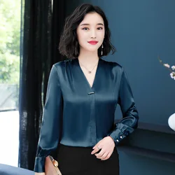 Blusas femininas de seda de moda coreana cetim de escritório