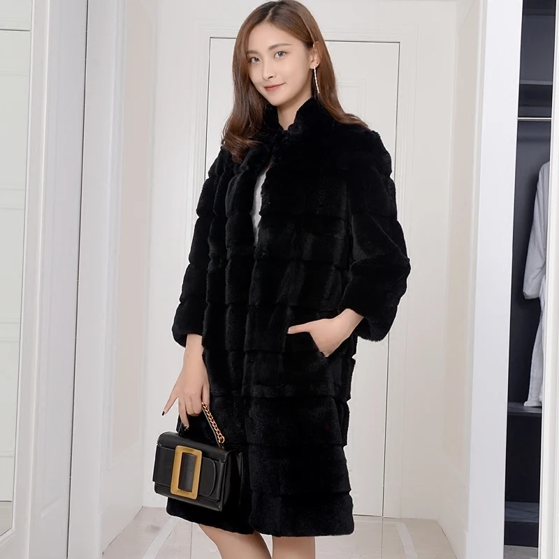 

2020 Luxury Real Rex Rabbit Fur Coat Female Solid Long Warm Winter Jacket Women Genuine Natural Fur Coats Outwear YQ1546