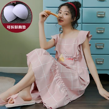 

PAJ woman pajamas pink Summer pyjamas for female plaid Korean loose sexy cute cartoon nightdress sweet with chest pad