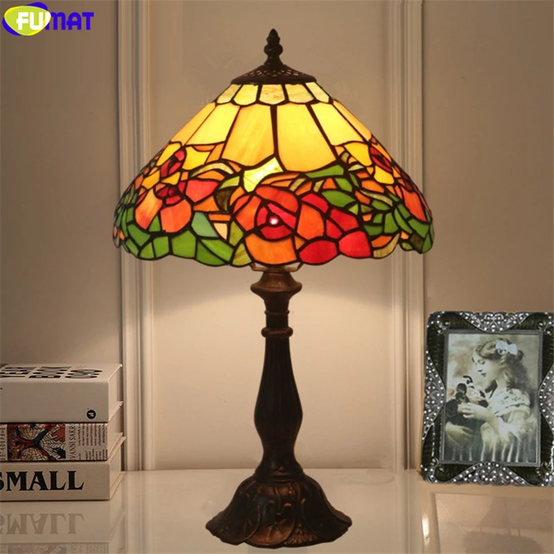 12.5" Stained Glass Handcrafted Square Desktop Flower Night Light Table Lamp. 