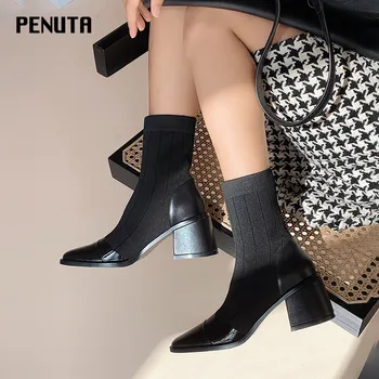 

2020 Sock Boots Women Chunky Heel Women Knitting Shoes Elastic Ladies Ankle Booties Shoes Black New Fashion женские ботинк D0086