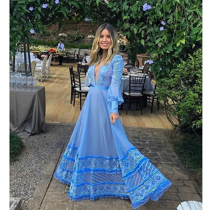 

Chiffon Blue Dresses Long Sleeve Deep V Neck A line Spring Autumn Elegant For Evening Party Night Dress Vestidos Mujer 2020 New