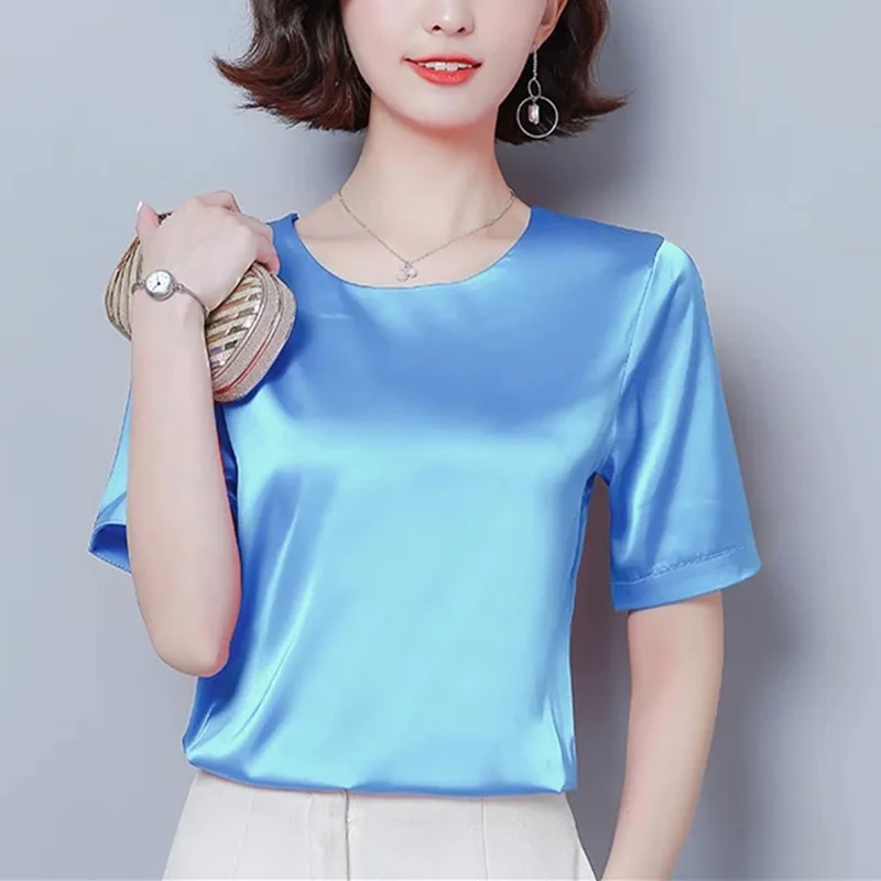 Korean Fashion Silk Women Blouses Satin Short Sleeve Pink Women Shirts ...
