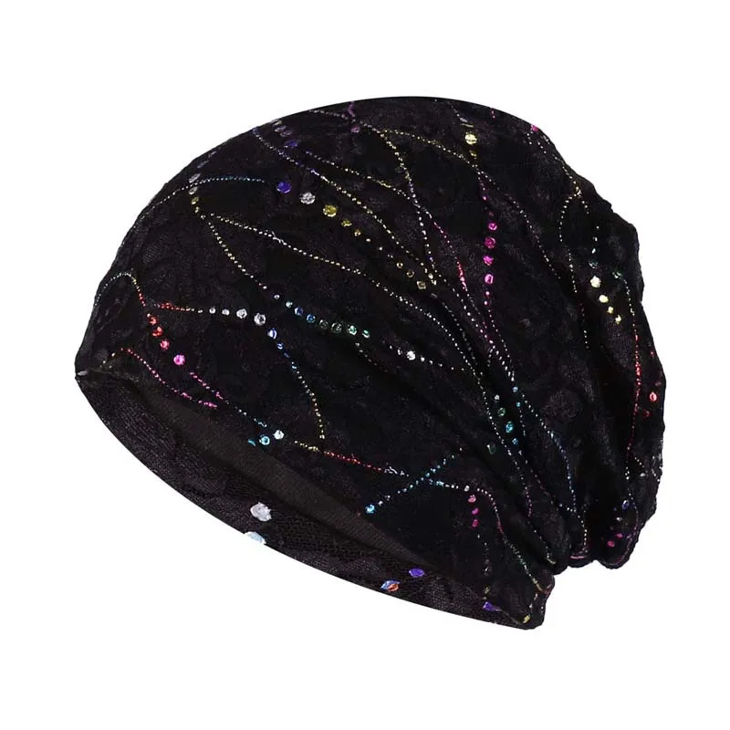Women Winter Knitted Windproof Warm Cap Female Summer Thin Lace Rhinestone Sports Sunscreen Fold Black Sun Hat K32 6
