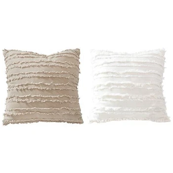 

2 Pcs Cushion Cover Floral Tassels Square Pillow Case Cotton Pillow Cover 45X45Cm Home Decoration Sofa-White & Khaki