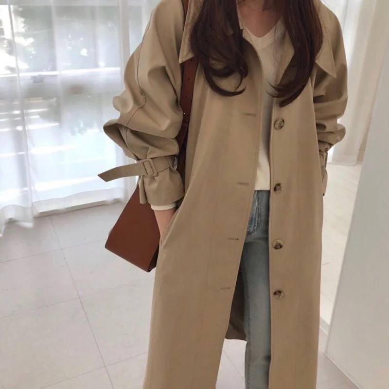 

South Korea Dongdaemun CHIC Retro Elegant Versatile Mid-length Waist Hugging Coat Trench Coat