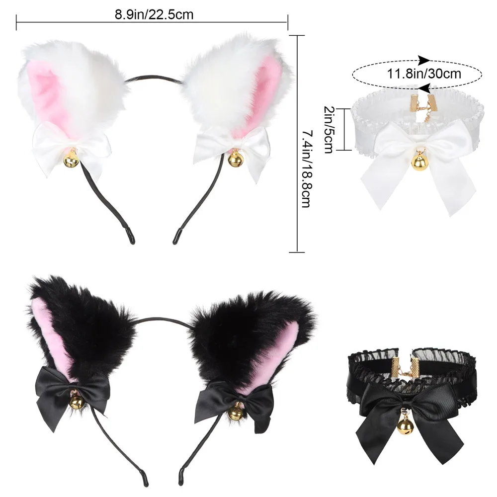 1Set Cat Ear Headband With Bells Necklace Plush Furry Cat Ears Headwear Fancy Dress Hairband Women Girls Party Cosplay Headwear anime outfits