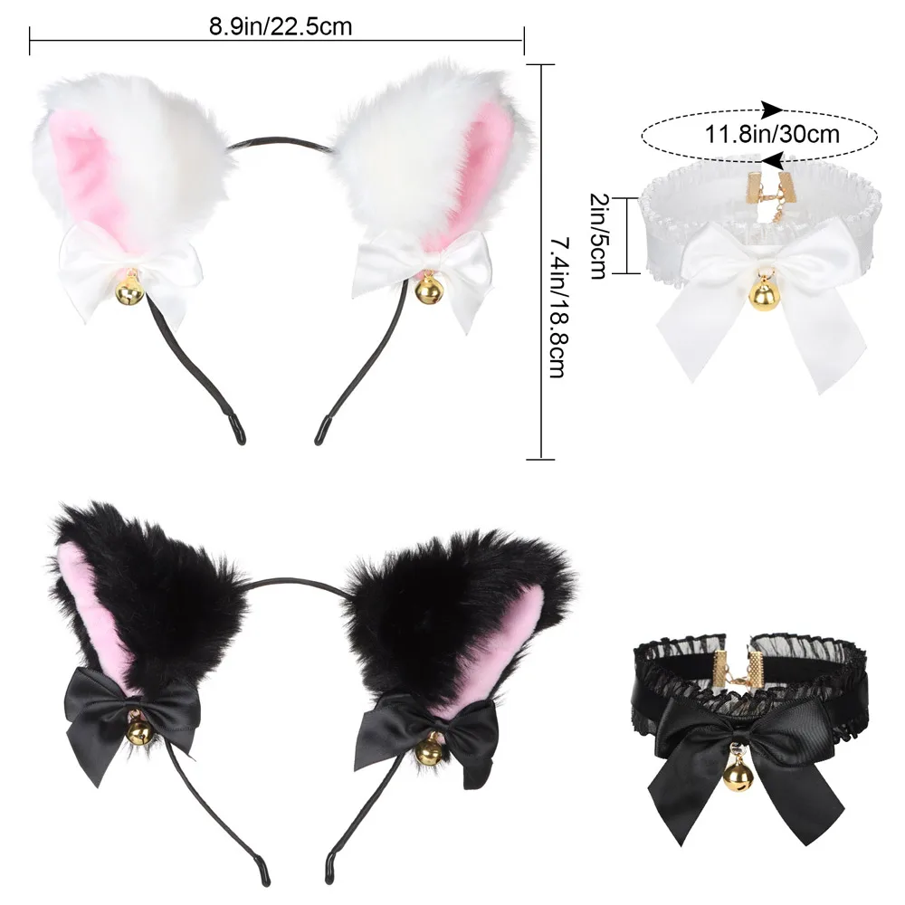 1Set Cat Ear Headband With Bells Necklace Plush Furry Cat Ears Headwear Fancy Dress Hairband Women Girls Party Cosplay Headwear anime outfits Cosplay Costumes