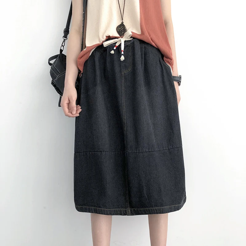 Джинсовая юбка лето литературный юбка эластичный пояс юбки mori girl - Цвет: Черный