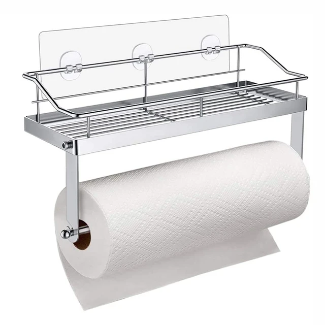 Stainless Steel No Drilling Adhesive Paper Towel Holder with Shelf Kitchen  Roll Dispenser Spice Rack Wall Mounted Bathroom Organiser Storage