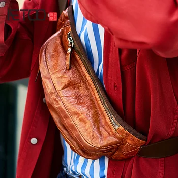 

AETOO Men's leather multi-functional chest bag, sports casual mobile phone bag, trend cowhide sloping waist hanging bag