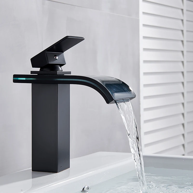 LED Light Basin Faucet Waterfall Deck Mounted Single Handle Mixer Tap