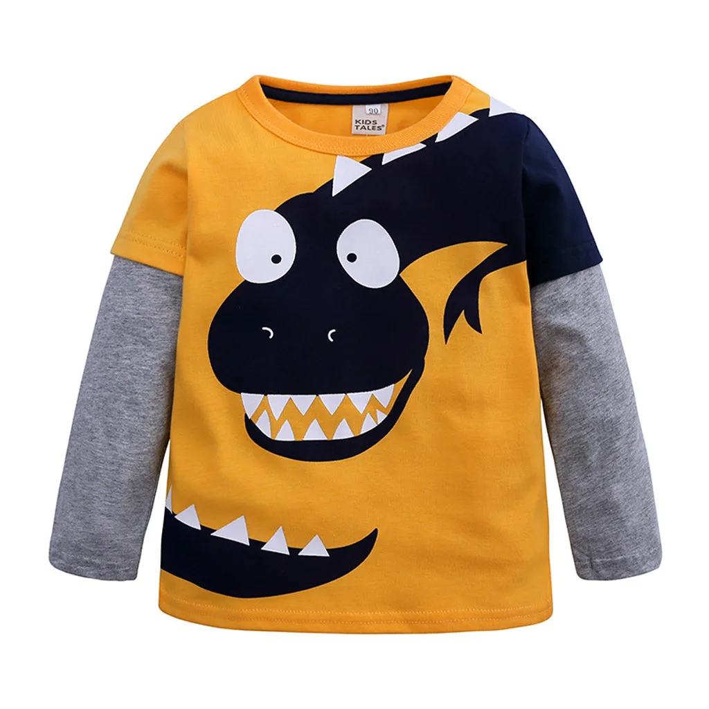 Toddler Children Cartoon T-shirts Boys Dinosaur Patchwork Long Sleeve Casual T-shirts Tops Outfits Clothes Pullover Loose Tees