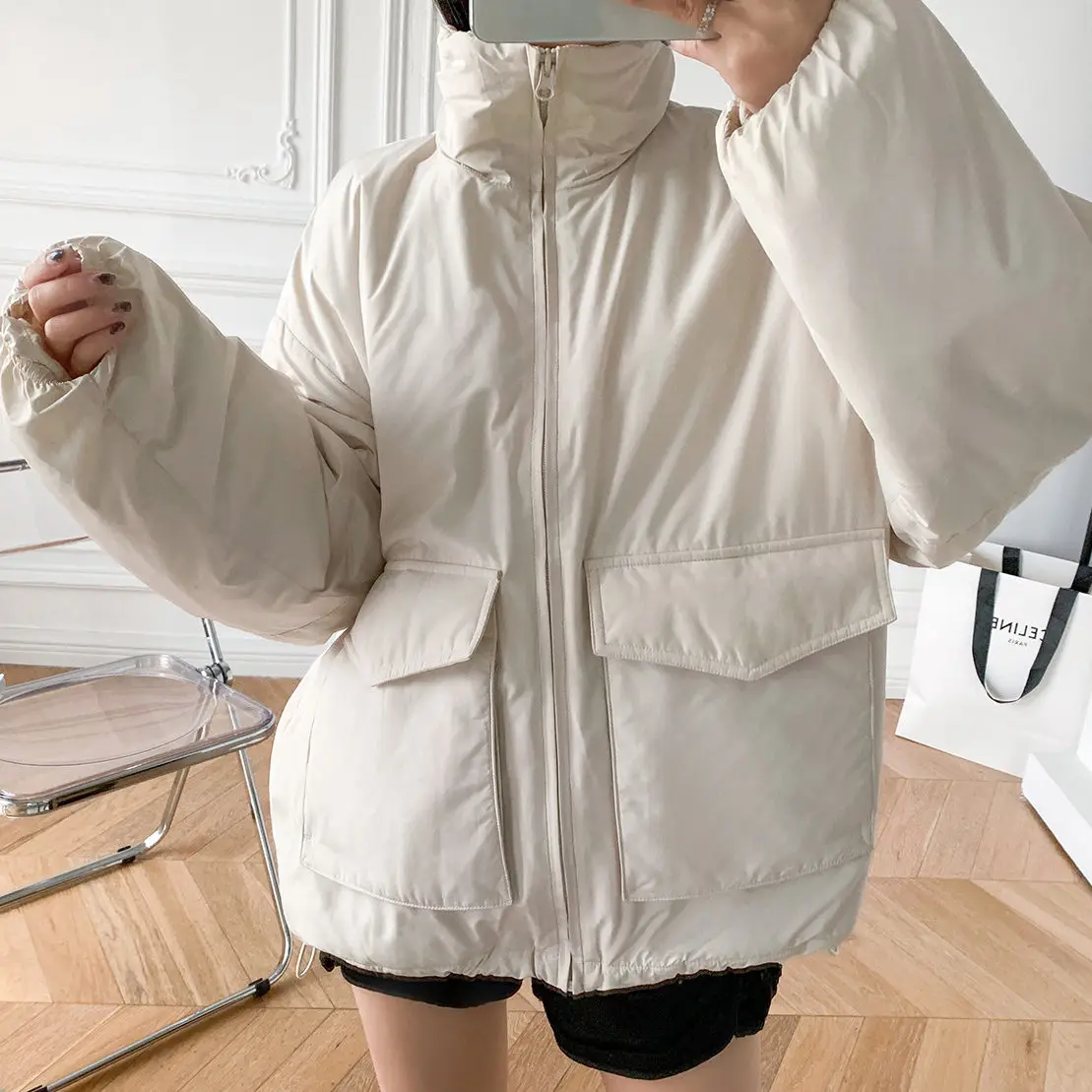 

and 2021 Autumn Winter New Zipper Long-sleeved High-neck Classic Wild Big Pocket Jacket Women