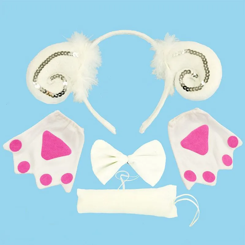 

Girls Boy Sequins Feather Sheep Headwear Cosplay Headband Tie Tail Claws Gloves Kids Fancy Dress Props Halloween Party Favor