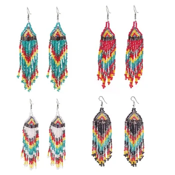 

4 Pairs Women Bohemian Drop Earrings Long Beaded Tassel Dangle Earrings Manual Jewelry Gift
