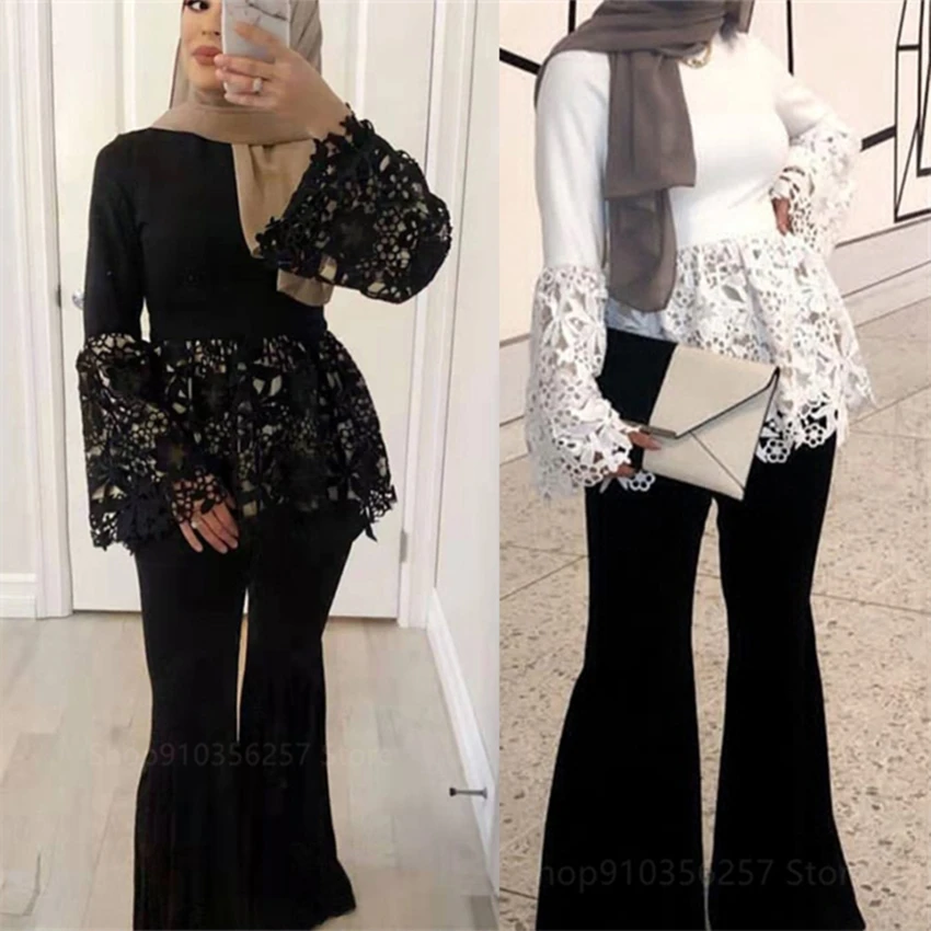 Dubai Abaya Moda Musulmana turco árabe encaje Abayas Tops para Ropa Mujer Musulmana Mujer Ropa islámica turca hueco