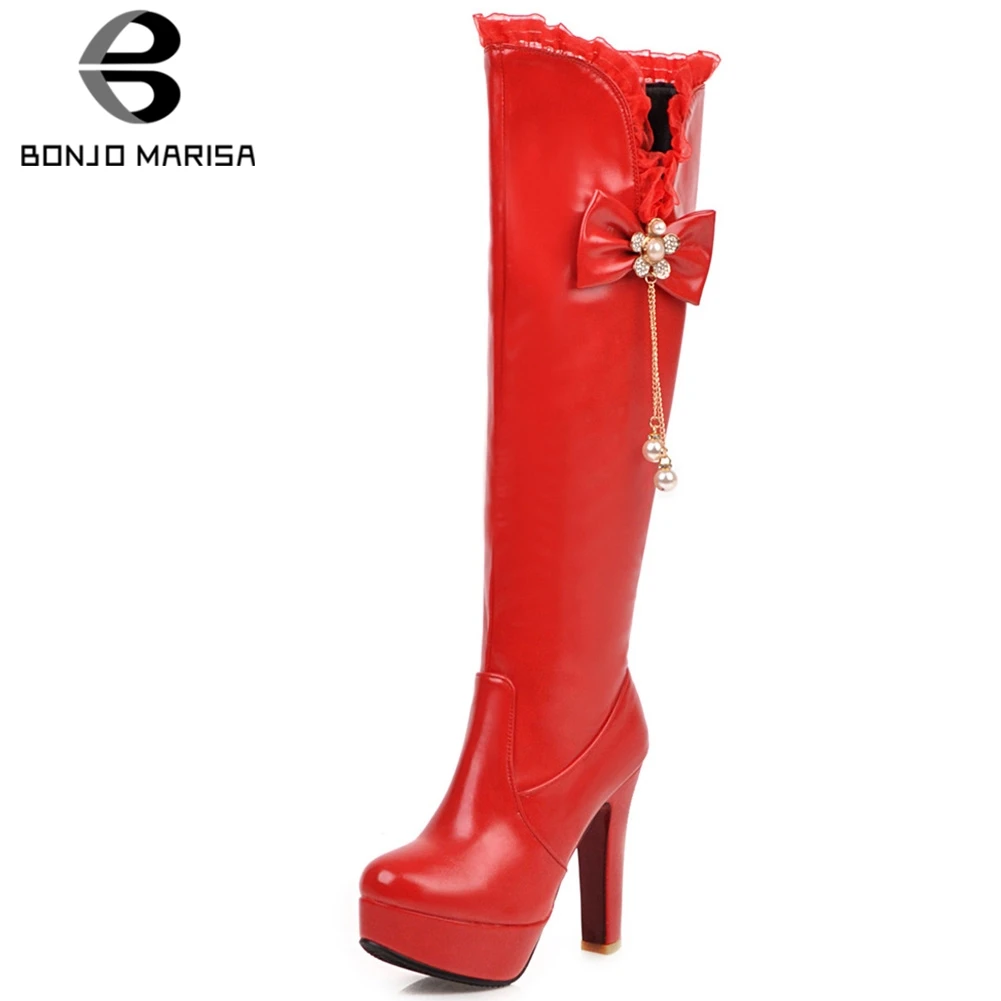 

BONJOMARISA New Spring Ladies Attractive Platform Boots Elegant Decorating Knee High Boots Women Party High Heel Shoes Woman