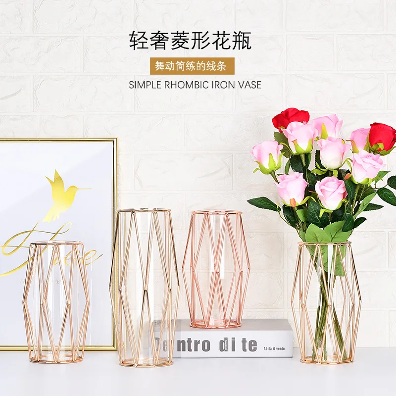 

Light Luxury Champagne Gold-Tone Rhombus Iron Art Vase Northern Europe INS Desktop Decoration Grow in Water Glass Test Tube Flow