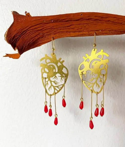 Anatomical Human Heart Earrings with Red Blood Drop Beads Human heart earrings Red heart doctor gift blood Gothic heart
