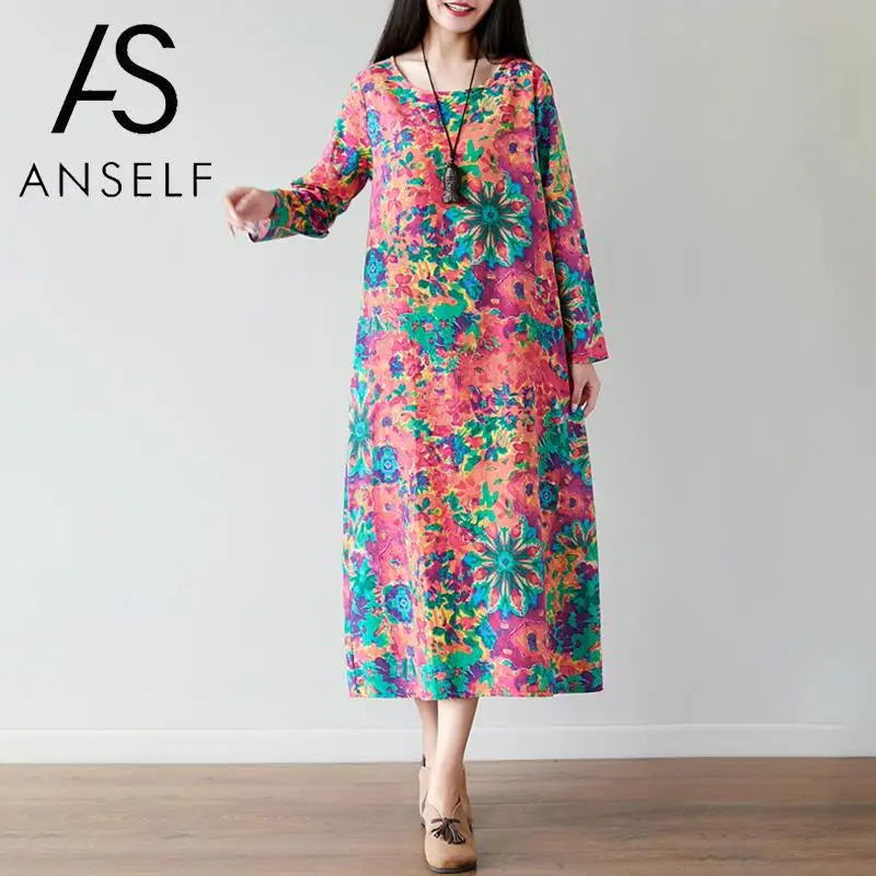 

ANSELF Women Cotton Linen Dress Floral Print O Neck Long Sleeve Pockets Loose Plus Size Dress 2019 Autumn Vintage Ethnic Dress