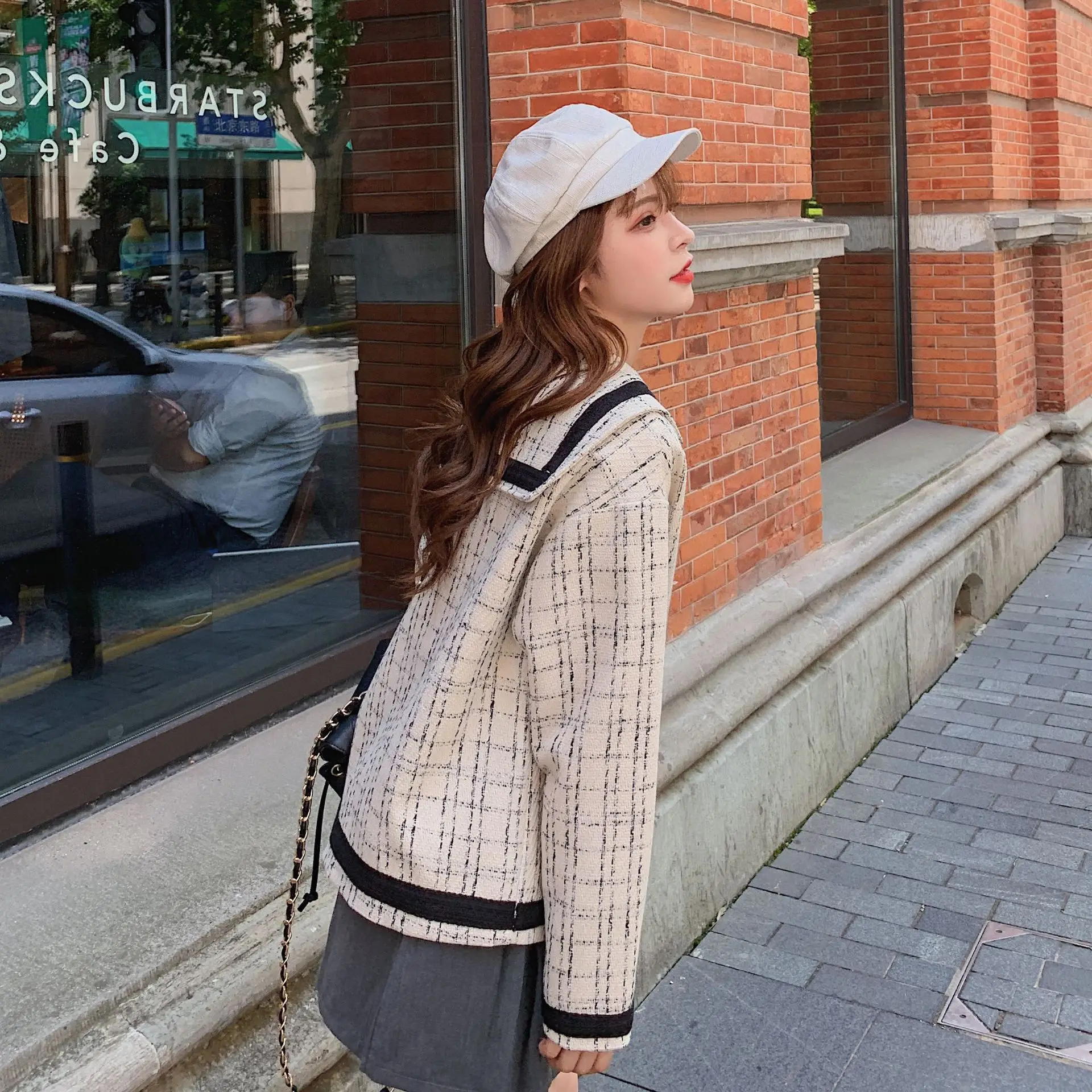 

Navy Collar Graceful Coat Women's Early 2019 Autumn New Style Tweed Elegant Short Tops INS Online Celebrity