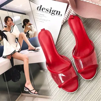 

Fashion Women's Beach Sandals PVC Transparent Summer Slippers Genuine Leather Women's Shoes Chucky Low Heels Shoes For Woman