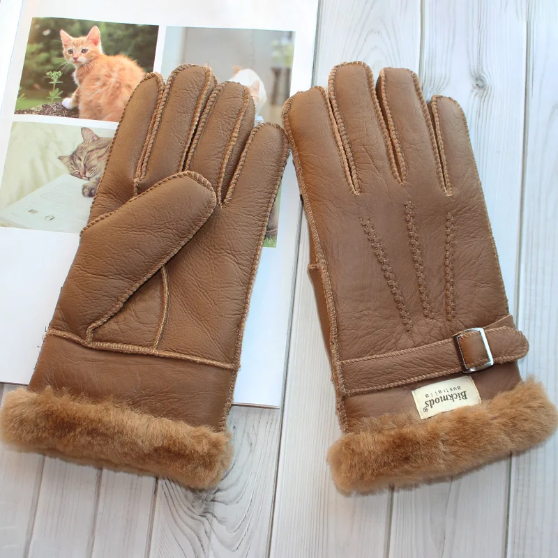 leather mittens mens New Sheepskin Fur Gloves Men's Leather Thicken Winter Warm Outdoor Windproof and Cold-proof Finger Gloves mens leather gloves for winter