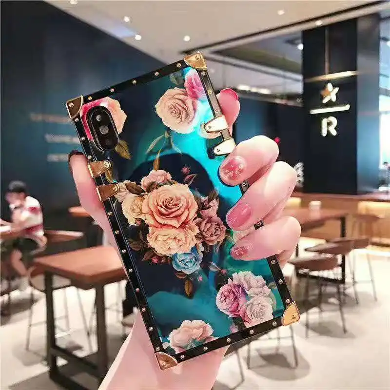 Luxury Blue Ray Flower Rose Square Silicone Holder Phone Case for iphone XR XS Max X 11 6 s 7 8 plus for samsung S9 S10 Note 10 (10)