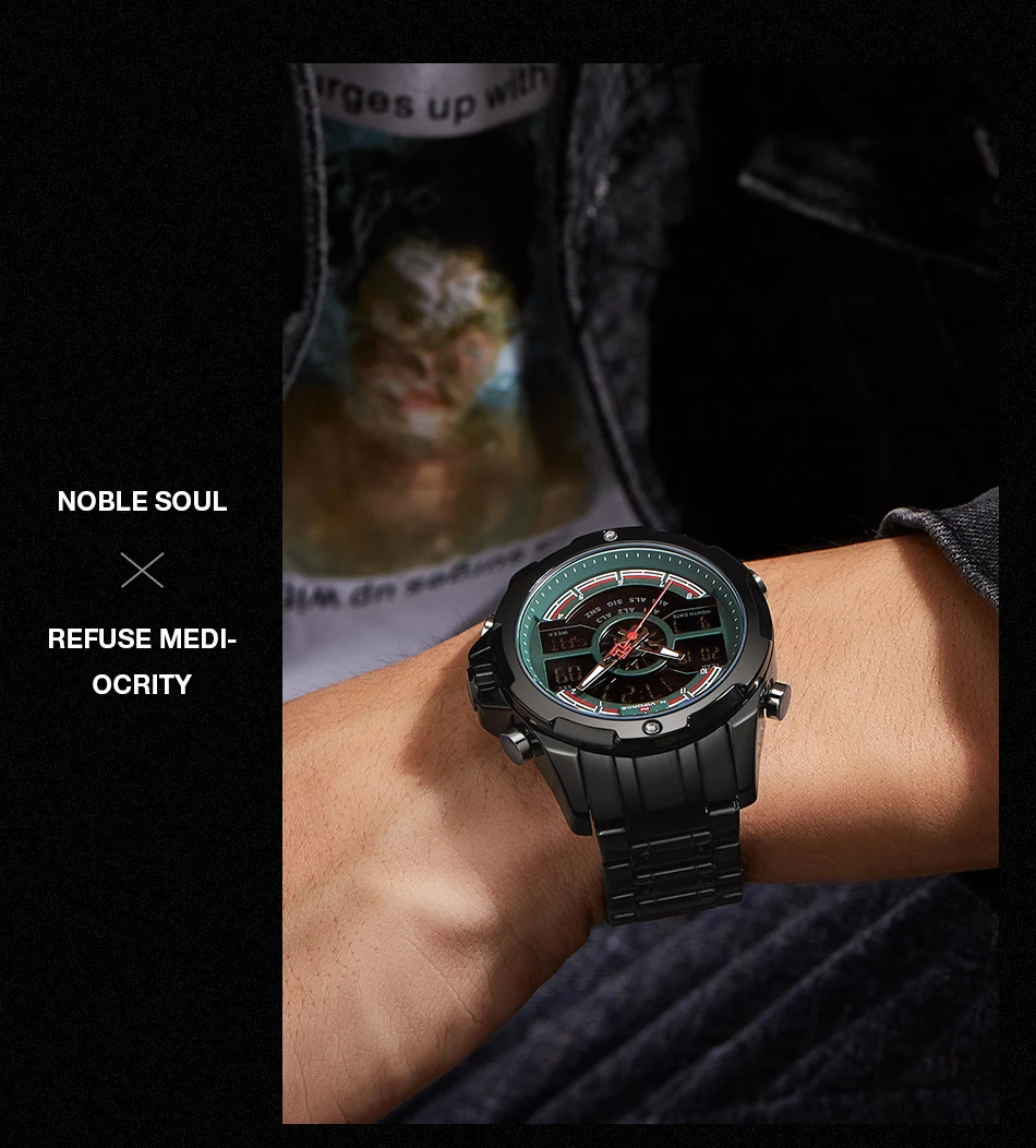 NAVIFORCE Men Sport Stop Watch Luminous Hands and LED display Multiple Time Zone Quartz Watches For Male Clock Chronograph Watch