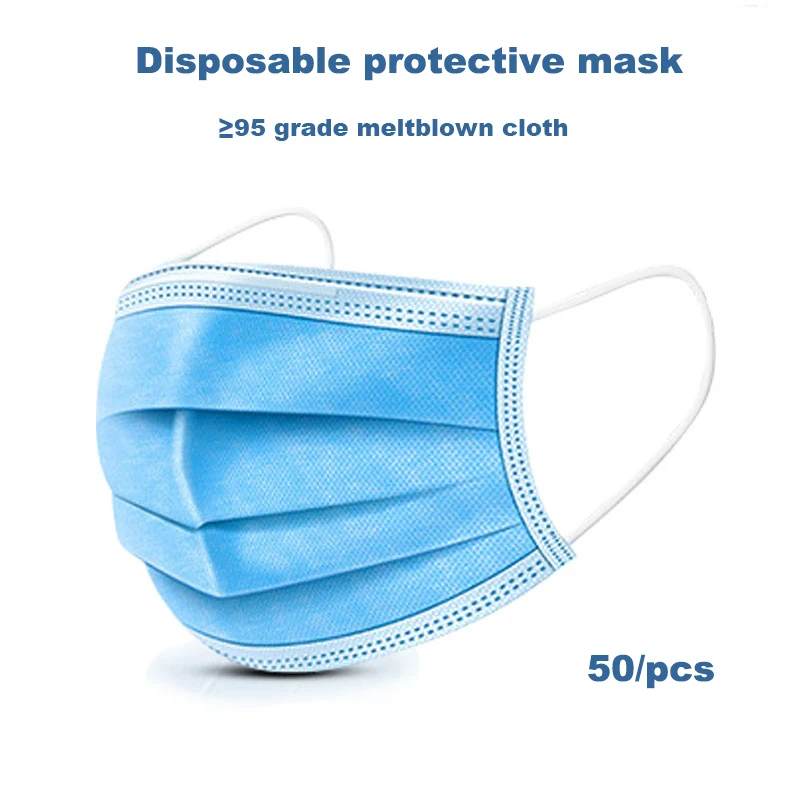 

50pcs Disposable Mouth Face Mask Anti-Dust 3 Layer Mouth Masks Anti Flu PM2.5 Breathable Masks Face Care Elastic Earloop