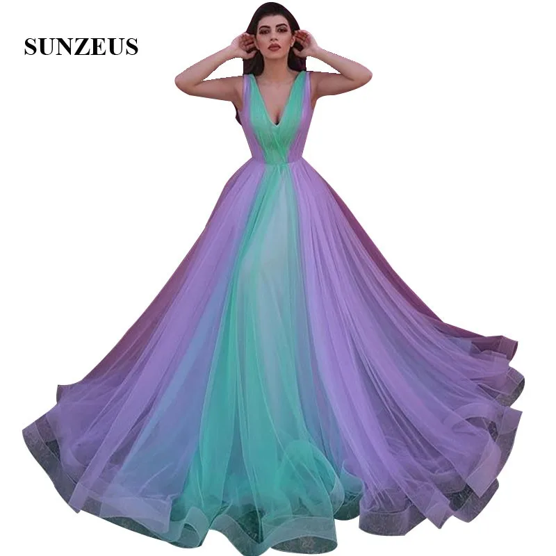 

Saudi Arabic Style Long Evening Dress Purple And Turquoise Tulle Formal Gowns For Women A-line V-neck Party Dress