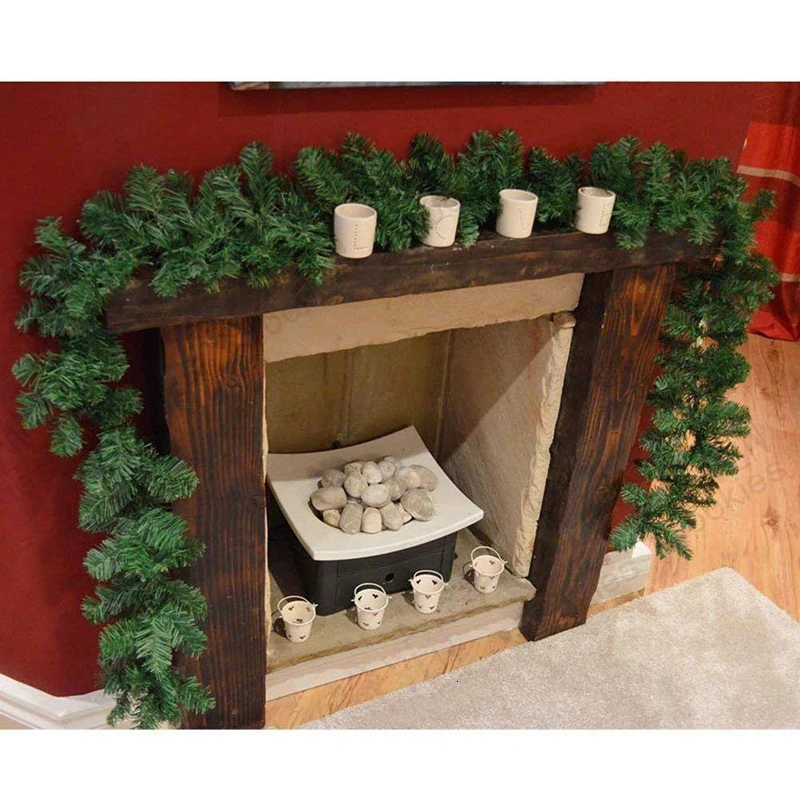 Рождественские украшения орнаменты из ПВХ, гирлянда из ротанга для рождественской елки, настенная сосна, Зеленый Искусственный венок, камин
