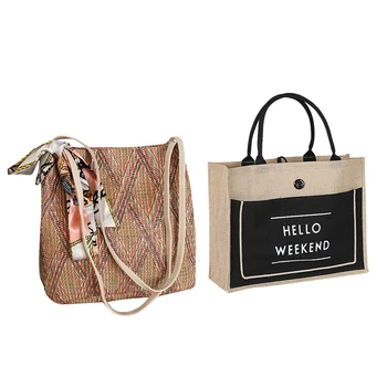 

Linen Luxury Handbag Large Capacity Female Casual Shoulder Bag Ladies Daily Handbag & Bohemian Summer Straw Beach Bag Travel Sho